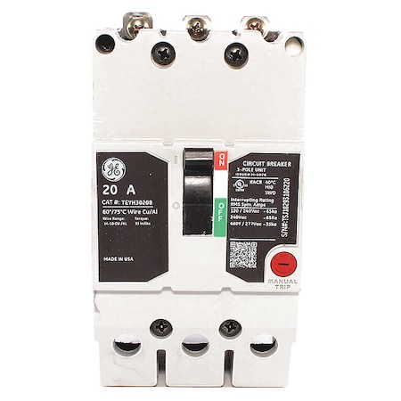 Molded Case Circuit Breaker, TEYH Series, 20A, 3 Pole, 277/480V AC, 35kA at 277/480V AC MPN:TEYH3020B