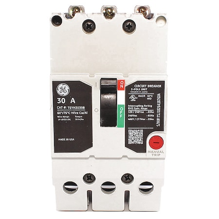 Molded Case Circuit Breaker, TEYH Series, 30A, 3 Pole, 277/480V AC, 35kA at 277/480V AC MPN:TEYH3030B