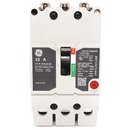 Molded Case Circuit Breaker, TEYL Series, 15A, 3 Pole, 277/480V AC, 65kA at 277/480V AC MPN:TEYL3015B