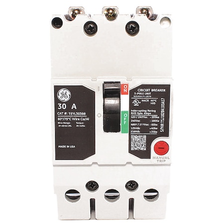Molded Case Circuit Breaker, TEYL Series, 30A, 3 Pole, 277/480V AC, 65kA at 277/480V AC MPN:TEYL3030B