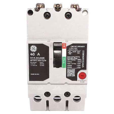 Molded Case Circuit Breaker, TEYL Series, 40A, 3 Pole, 277/480V AC, 65kA at 277/480V AC MPN:TEYL3040B