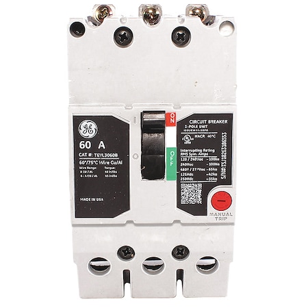 Molded Case Circuit Breaker, TEYL Series, 60A, 3 Pole, 277/480V AC, 65kA at 277/480V AC MPN:TEYL3060B