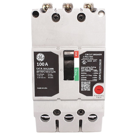 Molded Case Circuit Breaker, TEYL Series, 100A, 3 Pole, 277/480V AC, 65kA at 277/480V AC MPN:TEYL3100B