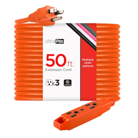 Extension Cord, 16 AWG, Outdoor, 16/3, 3 Outlets, Orange, Vinyl, 50 ft MPN:51926