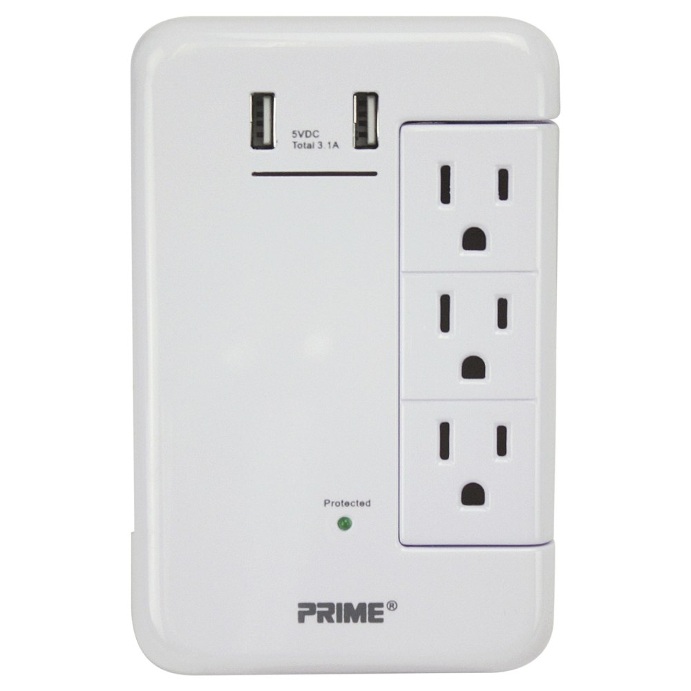 Prime 6-Outlet Wall Tap With 1, 200-Joule Surge Protection And Dual USB Charger, White, PBRUSB346S MPN:PBRUSB346S