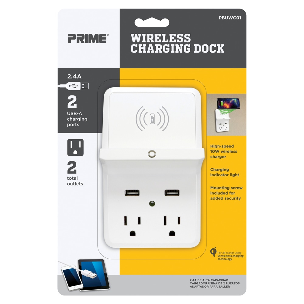Prime Wireless Charging Dock Wall Tap With 2 Outlets And Dual USB Charger, White, PBUWC01 MPN:PBUWC01