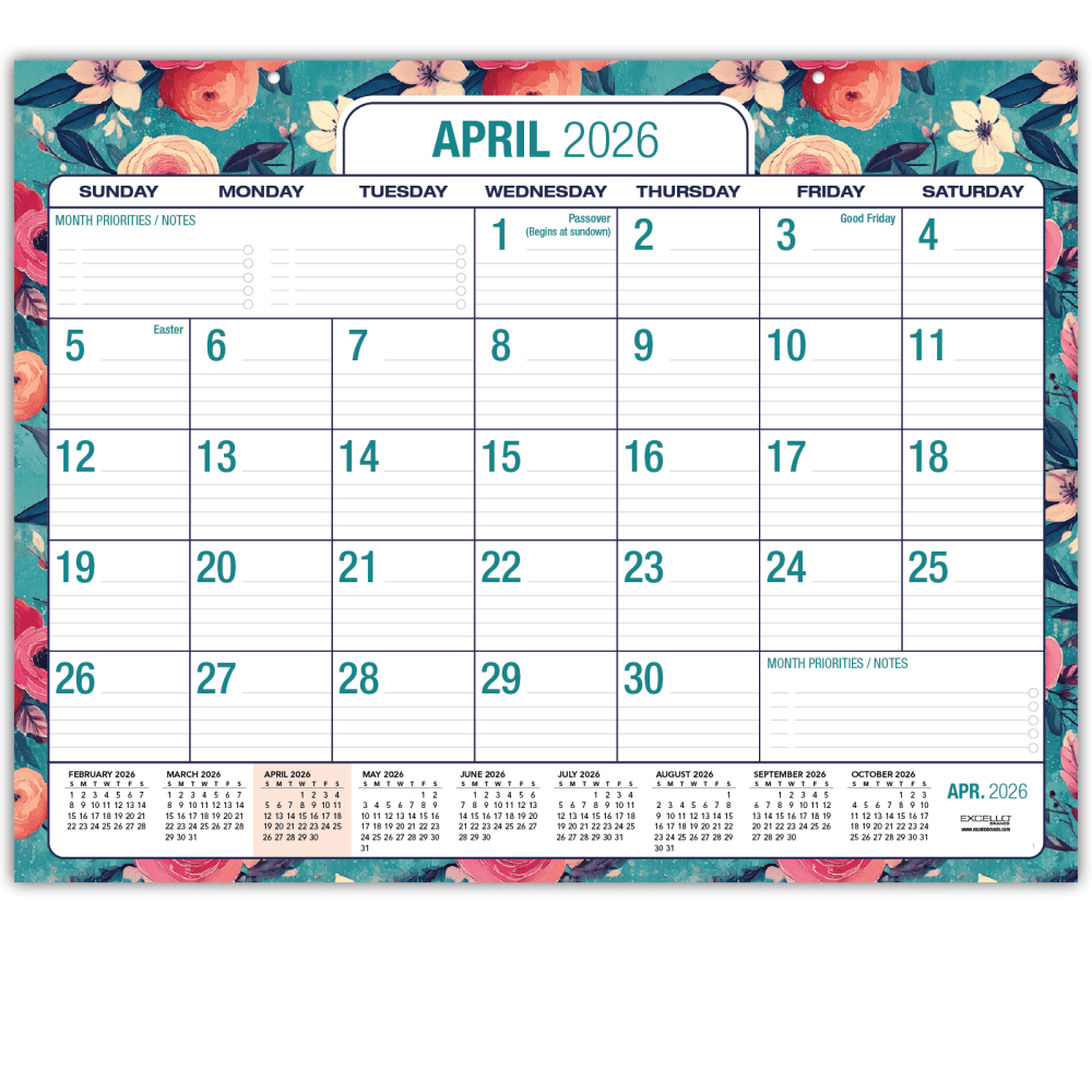 2026-2027 Excello Brands Academic Year Large Print Desk Pad Calendar, 22in x 17in, Teal Floral, April To December, Total Qty 1 MPN:DP-AY26-2217-17