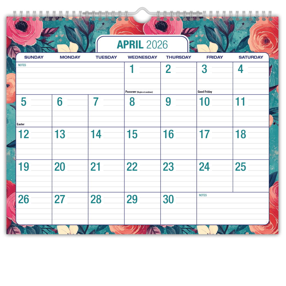 2026-2027 Excello Brands Academic Year Large Print Wall Calendar, 15in x 12in, Teal Floral, April To December, Total Qty 1 MPN:WC-AY26-1215-17