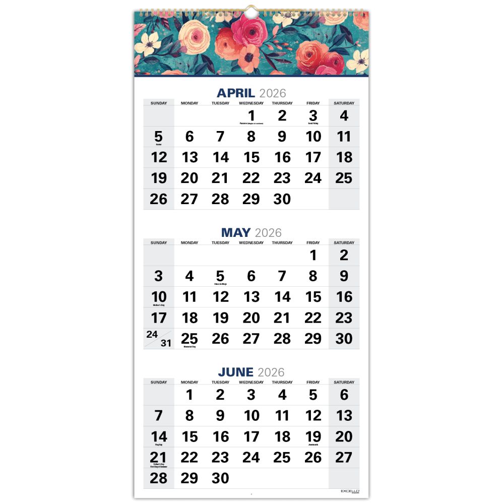 2026-2027 Excello Brands Academic Year Large Print 3-Month View Wall Calendar, 27in x 13in, Teal Floral, April To December, Total Qty 1 MPN:WC-AY26-1327-17