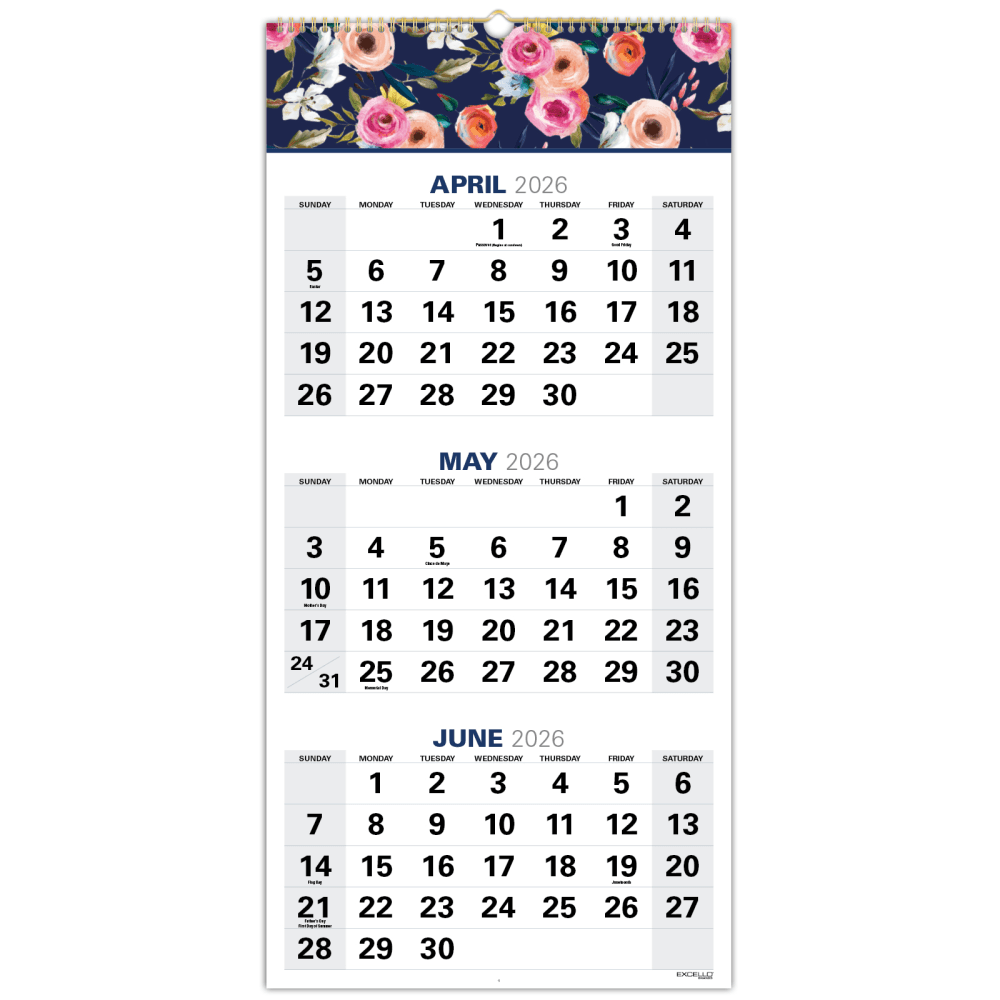 2026-2027 Excello Brands Academic Year Large Print 3-Month View Wall Calendar, 27in x 13in, Navy Floral, April To December, Total Qty 1 MPN:WC-AY26-1327-84