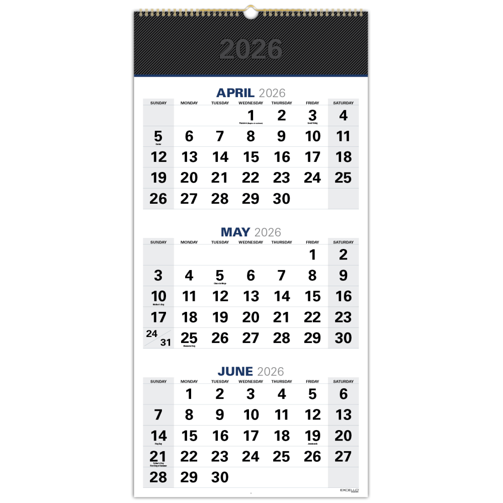 2026-2027 Excello Brands Academic Year Large Print 3-Month View Wall Calendar, 27in x 13in, Black, April To December, Total Qty 1 MPN:WC-AY26-1327-BK