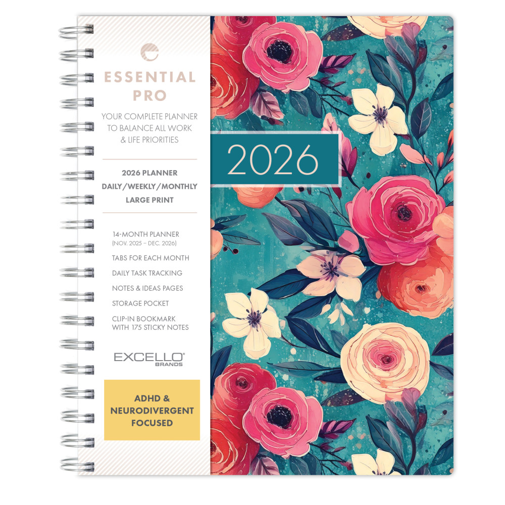 2026 Excello Brands Essential PRO Daily/Weekly/Monthly Planner, 7in x 9in, Teal Floral November 2025 - December 2026, (ESPRO-CY26-79-17) MPN:ESPRO-CY26-79-17