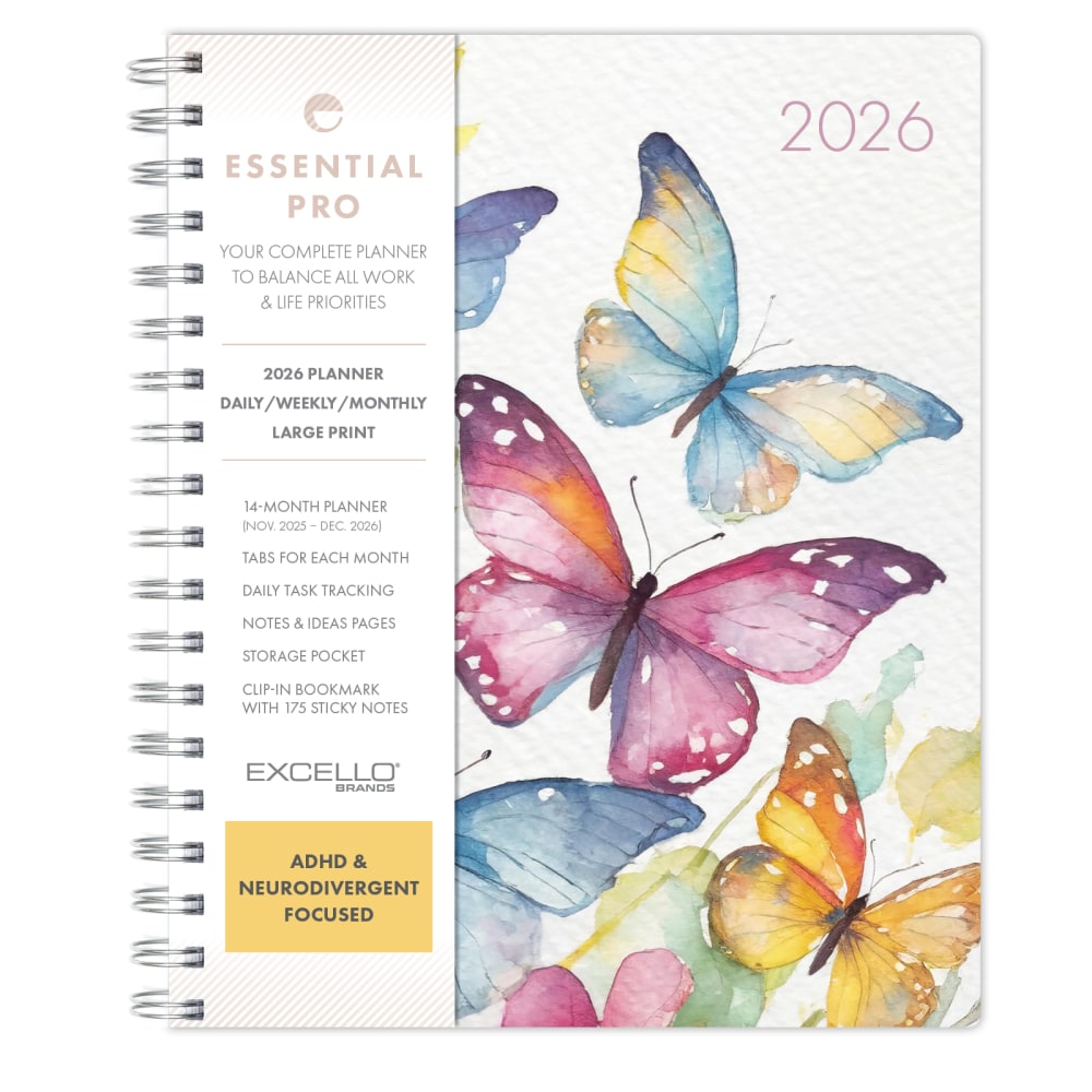 2026 Excello Brands Essential PRO Daily/Weekly/Monthly Planner, 7in x 9in, Watercolor Butterflies November 2025 - December 2026, (ESPRO-CY26-79-33) MPN:ESPRO-CY26-79-33