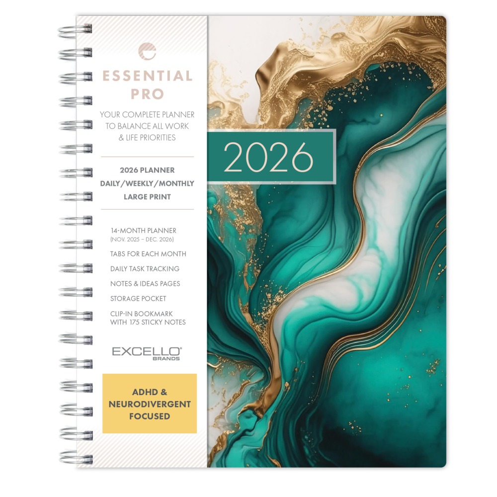 2026 Excello Brands Essential PRO Daily/Weekly/Monthly Planner, 7in x 9in, Teal Gold Marble November 2025 - December 2026, (ESPRO-CY26-79-54) MPN:ESPRO-CY26-79-54