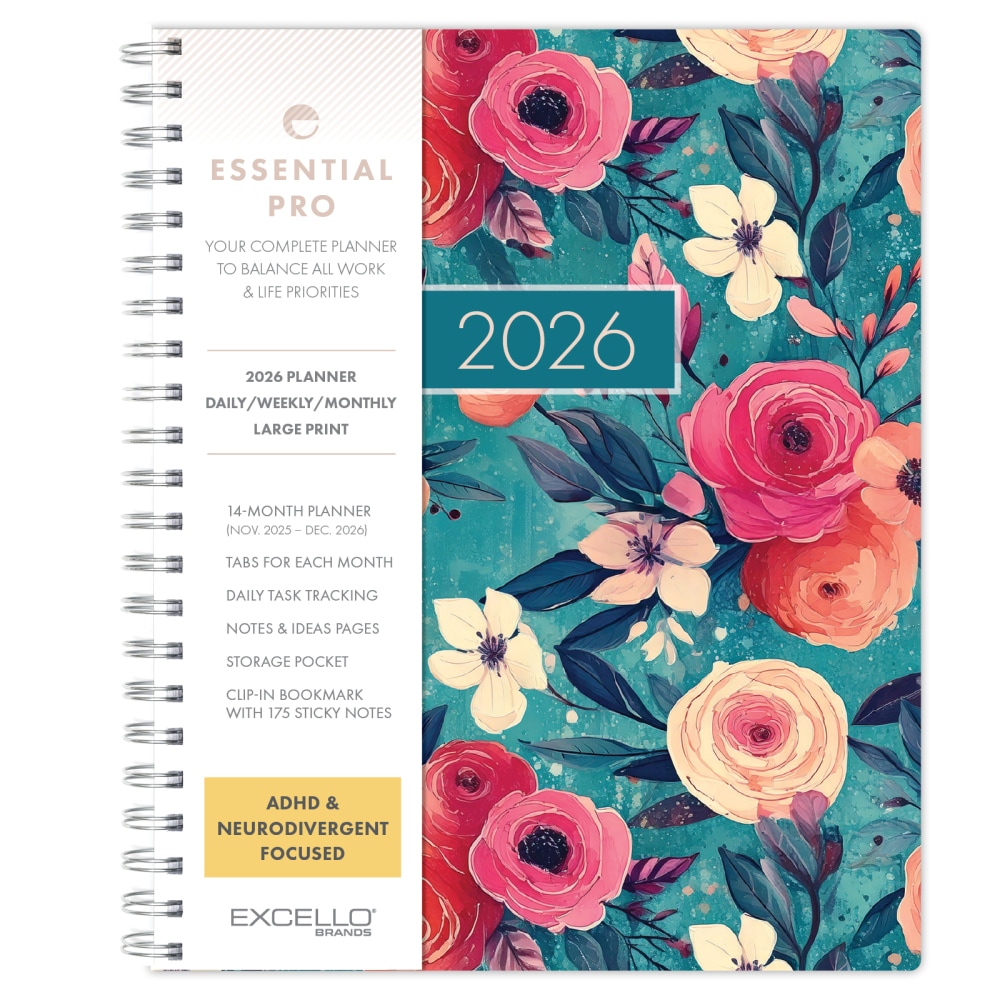 2026 Excello Brands Essential PRO Daily/Weekly/Monthly Planner, 8.5in x 11in, Teal Floral November 2025 - December 2026, (ESPRO-CY26-8511-17) MPN:ESPRO-CY26-8511-17
