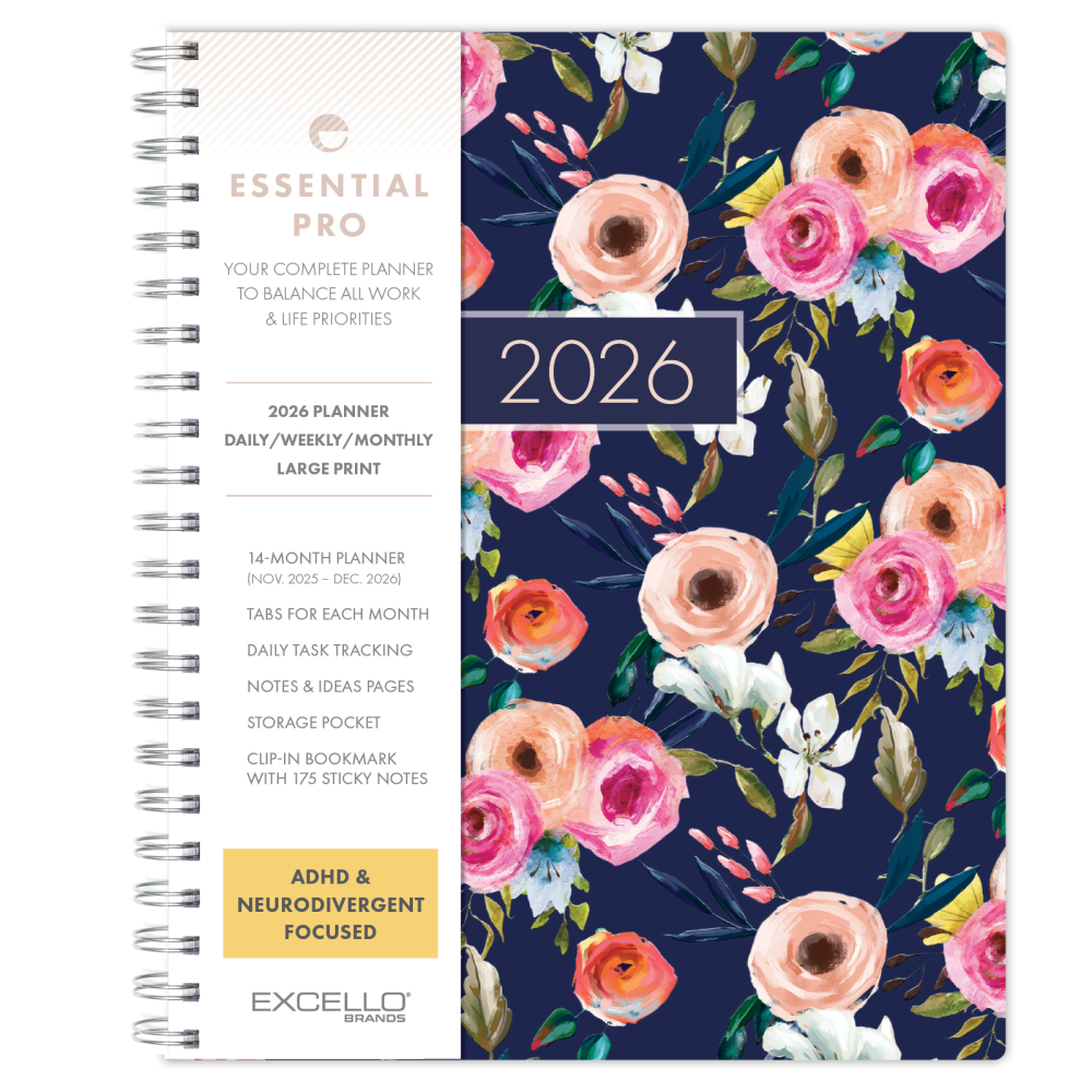 2026 Excello Brands Essential PRO Daily/Weekly/Monthly Planner, 8.5in x 11in, Small Navy Floral November 2025 - December 2026, (ESPRO-CY26-8511-84) MPN:ESPRO-CY26-8511-84