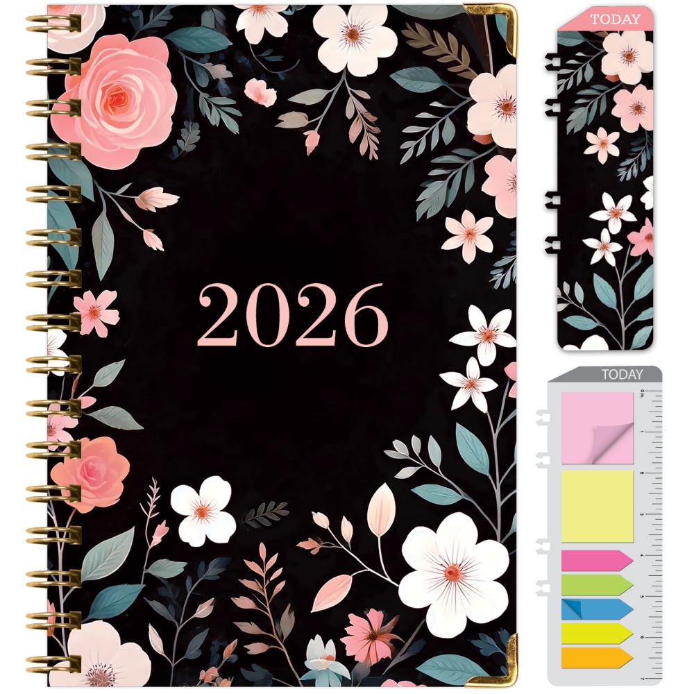 2026 Excello Brands Hardcover Fashion Daily/Weekly/Monthly Planner, 5.5in x 8in, Black Floral Pink November 2025 - December 2026, (FSHN-CY26-58-06) MPN:FSHN-CY26-58-06