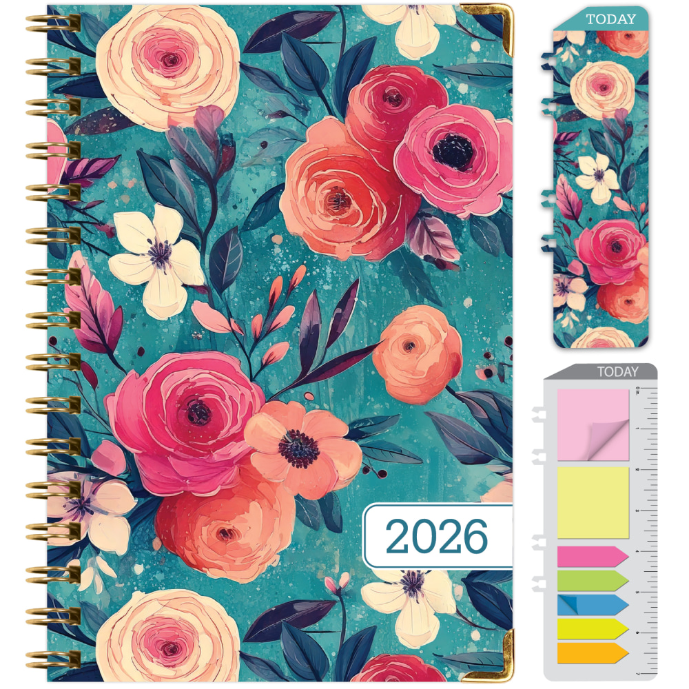 2026 Excello Brands Hardcover Fashion Daily/Weekly/Monthly Planner, 5.5in x 8in, Teal Floral November 2025 - December 2026, (FSHN-CY26-58-17) MPN:FSHN-CY26-58-17