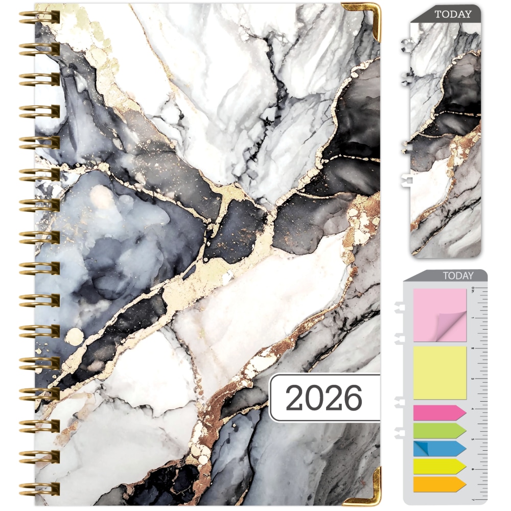 2026 Excello Brands Hardcover Fashion Daily/Weekly/Monthly Planner, 5.5in x 8in, Black Gold Marble November 2025 - December 2026, (FSHN-CY26-58-34) MPN:FSHN-CY26-58-34