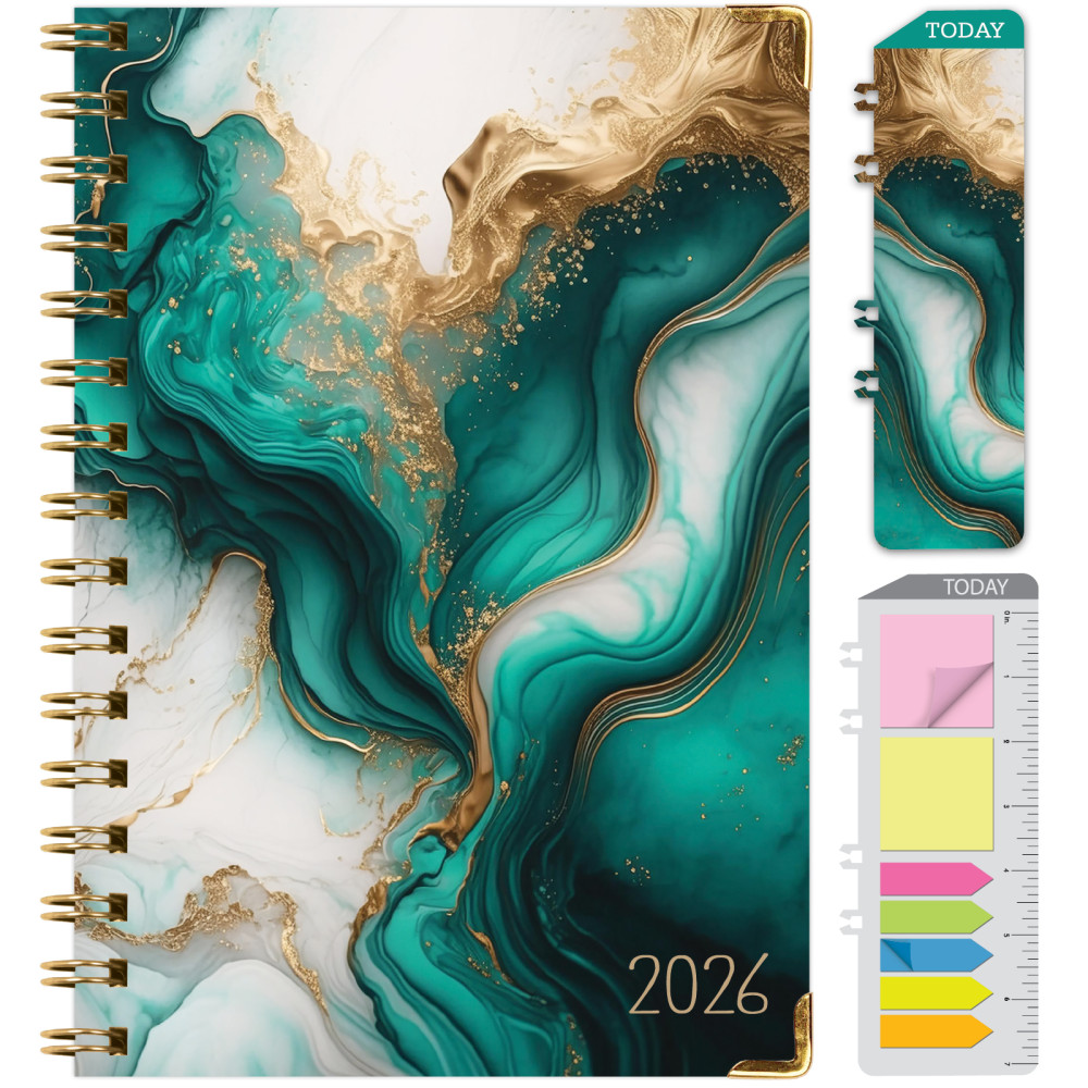 2026 Excello Brands Hardcover Fashion Daily/Weekly/Monthly Planner, 5.5in x 8in, Teal Gold Marble November 2025 - December 2026, (FSHN-CY26-58-54) MPN:FSHN-CY26-58-54