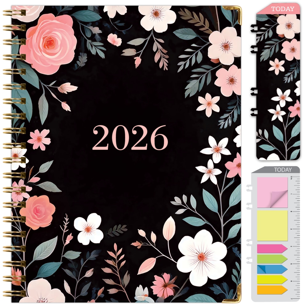 2026 Excello Brands Hardcover Fashion Daily/Weekly/Monthly Planner, 8.5in x 11in Black Floral Pink November 2025 - December 2026, (FSHN-CY26-8511-06) MPN:FSHN-CY26-8511-06