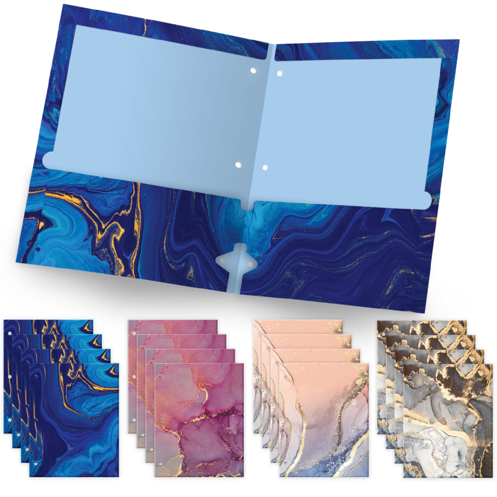 Global Deluxe Designer 3-Hole Punched 2-Pocket Folders, Letter Size, Assorted Marble Patterns, Pack Of 16 Folders MPN:GPP-0100-B