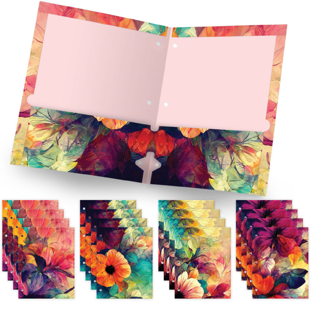 Global Deluxe Designer 3-Hole Punched 2-Pocket Folders, Letter Size, Assorted Abstract Floral Patterns, Pack Of 16 Folders MPN:GPP-0100-C