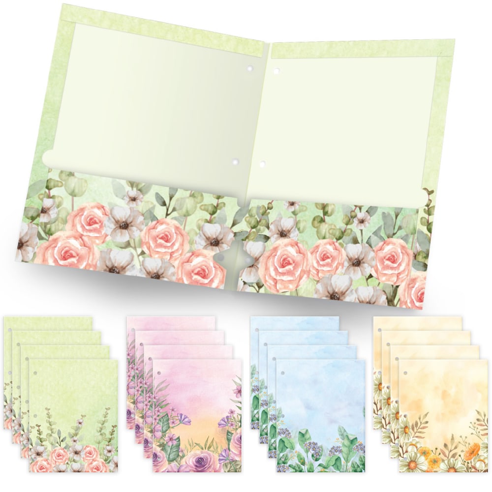 Global Deluxe Designer 3-Hole Punched 2-Pocket Folders, Letter Size, Letter Size, Assorted Watercolor Floral Patterns, Pack Of 16 Folders MPN:GPP-0100-E