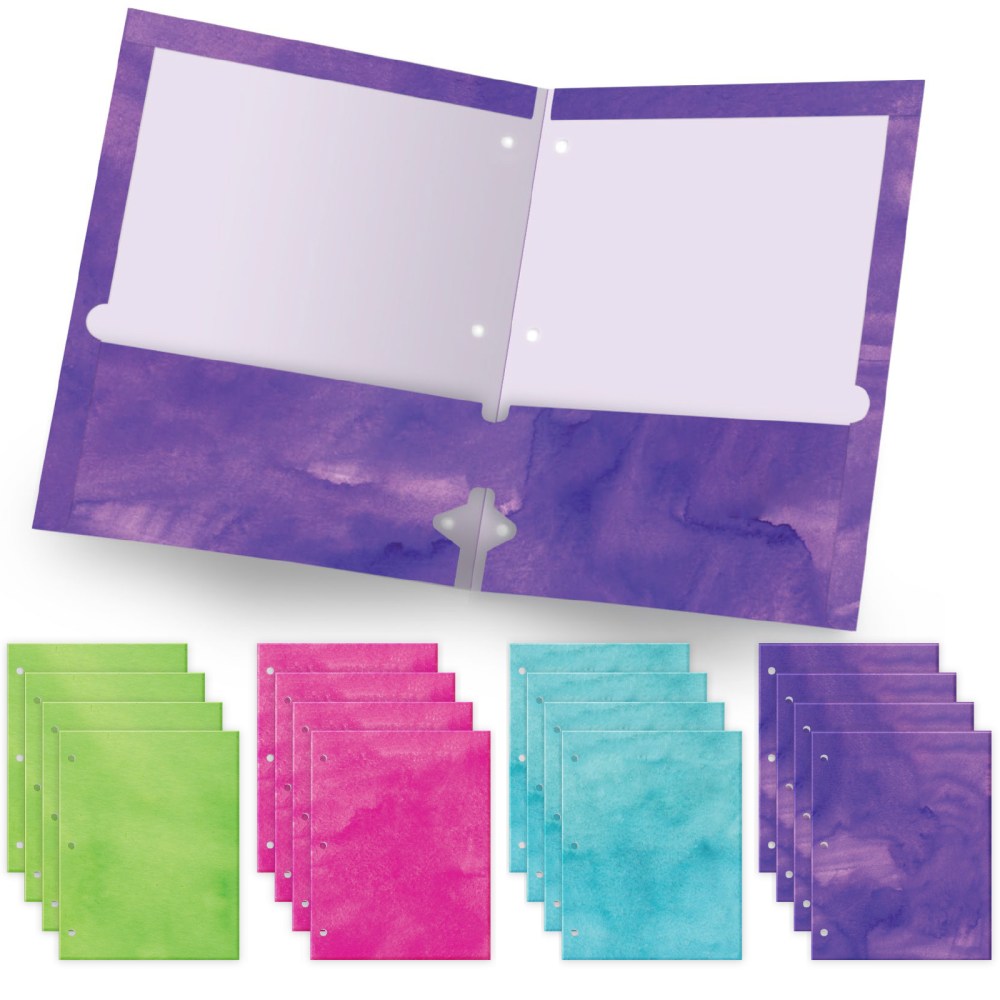 Global Deluxe Designer 3-Hole Punched 2-Pocket Folders, Letter Size, Assorted Watercolor Solid Patterns, Pack Of 16 Folders MPN:GPP-0100-F
