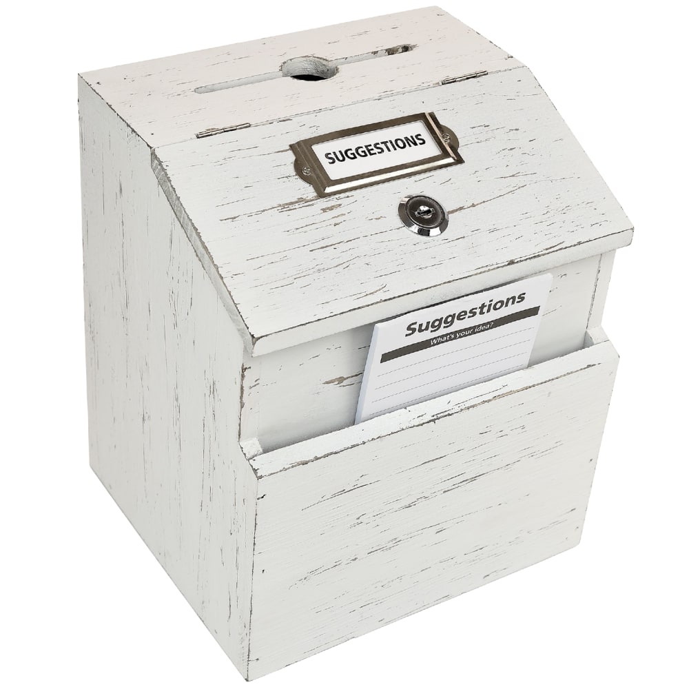 Excello Rustic Wooden Suggestion Box With Lock, 9inH x 7-3/4inW x 6-3/4inD, White MPN:EGP-HD-0235