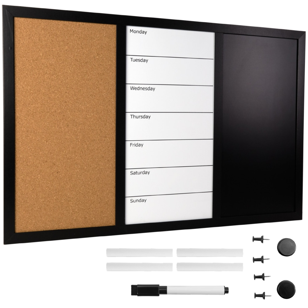 Excello Global Products Magnetic Dry-Erase Whiteboard/Chalk/Cork Combo Board, Aluminum, 15-1/2in x 23-1/2in, Black Wood Frame MPN:EGP-HD-0317