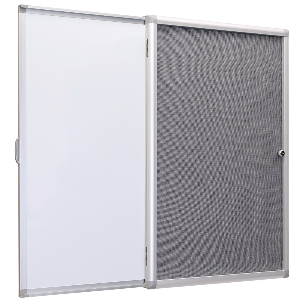 Excello Wall-Mounted Enclosed Sliding Magnetic Dry-Erase Cork Bulletin Combo Board, 36in x 24in, White/Gray, Silver Brushed Metal Frame MPN:EGP-HD-0527