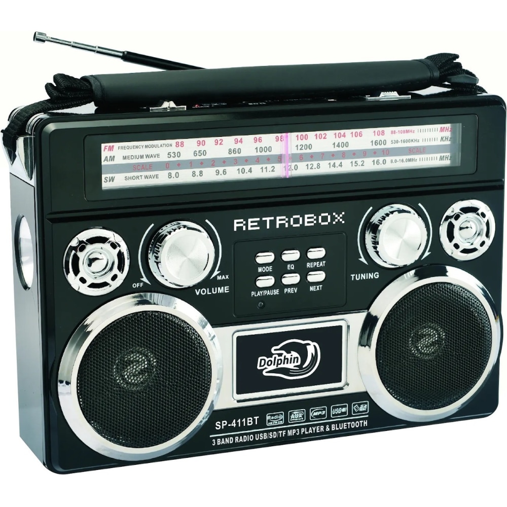 Dolphin Audio RETROBOX SP-411BT Portable Bluetooth Speaker System - Black - Battery Rechargeable - USB MPN:SP-411BT - BLK