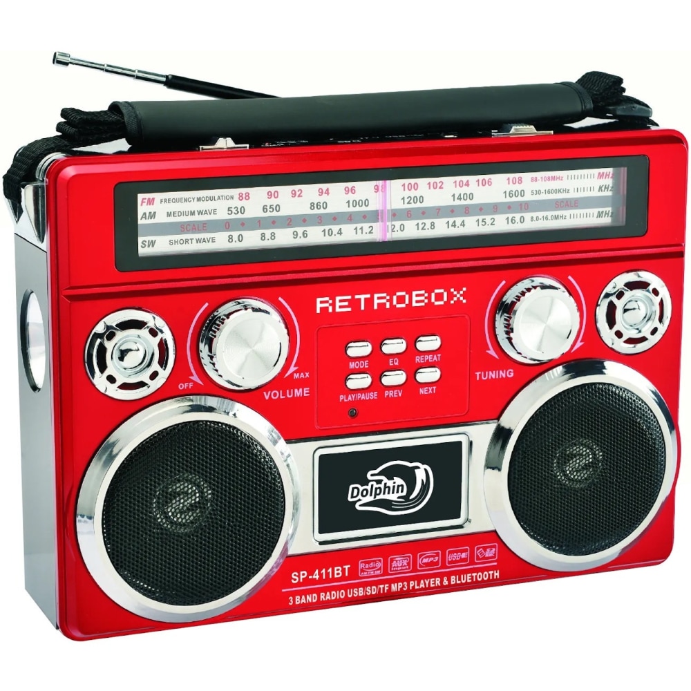Dolphin Audio RETROBOX SP-411BT Portable Bluetooth Speaker System - Red - Battery Rechargeable - USB MPN:SP-411BT - RED