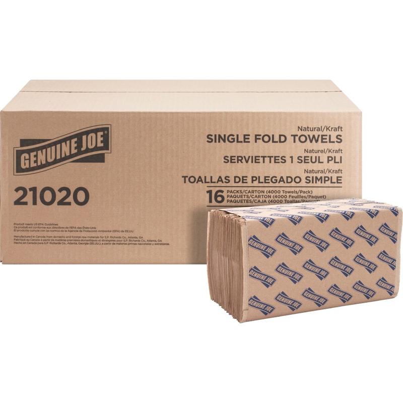 Genuine Joe Single-Fold 1-Ply Paper Towels, Natural, Pack Of 4000 Sheets (Min Order Qty 2) MPN:21020