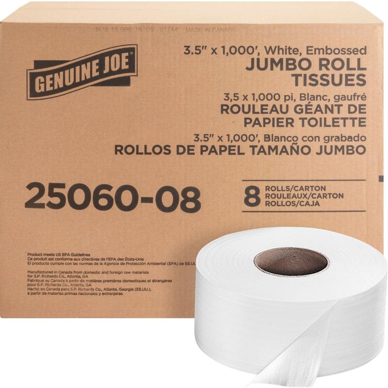 Genuine Joe 2-Ply Embossed Jumbo Roll Toilet Paper, 1000 Sheets Per Roll, Pack Of 8 Rolls MPN:2506008