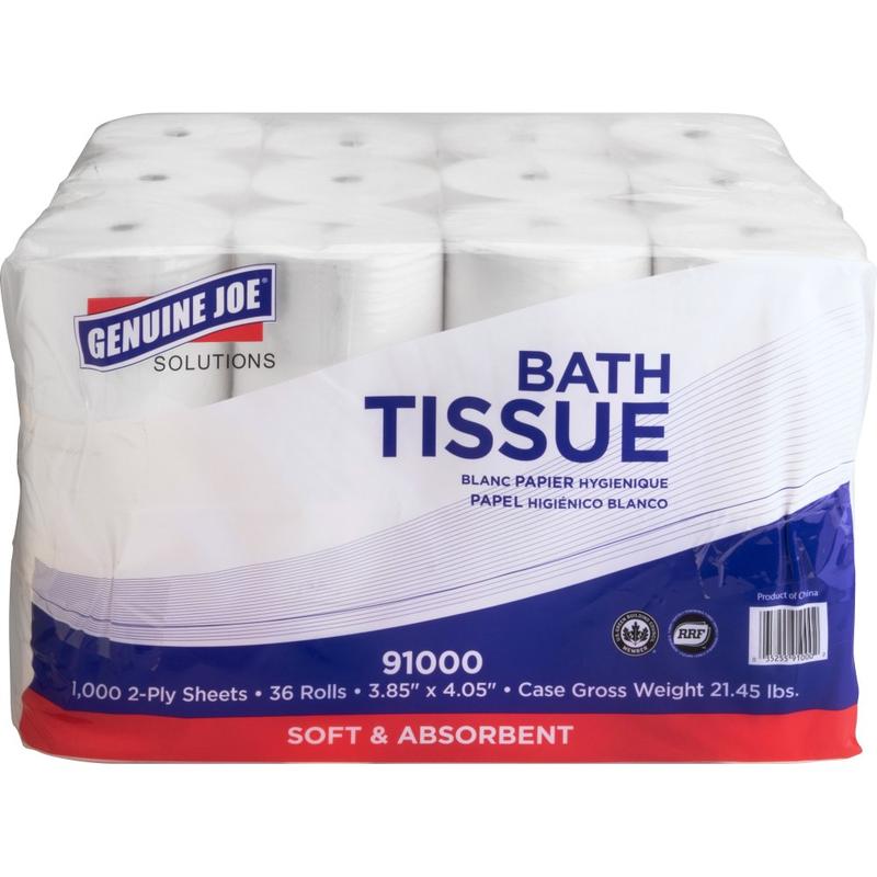 Genuine Joe Solutions Double Capacity Bath Tissue - 2 Ply - 1000 Sheets/Roll - White - Virgin FiberPack - 36/Pack - 56 / Pallet MPN:91000PL