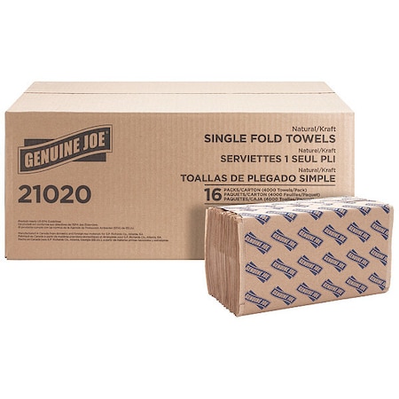 Genuine Joe Single Fold Paper Towels, 1 Ply, 250 Sheets, Natural, 4000 PK MPN:GJO21020