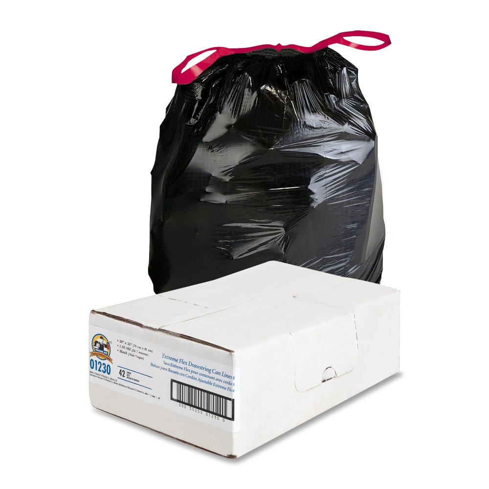 Genuine Joe Flex Drawstring Trash Liners, 30 Gallon, Black, Box Of 42 (Min Order Qty 3) MPN:01230
