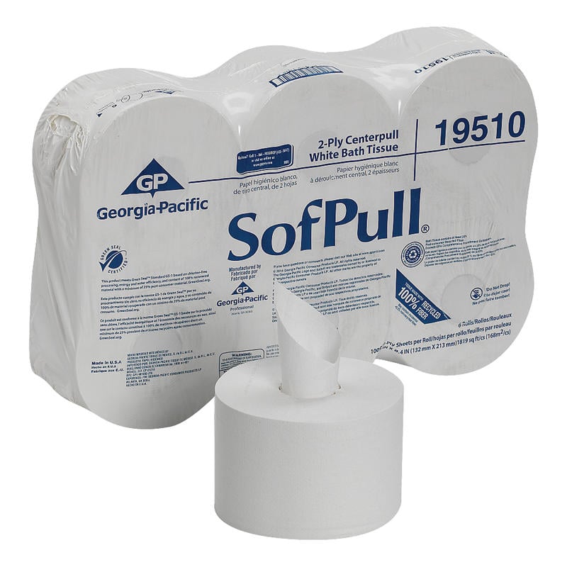 Georgia-Pacific SofPull Centerpull 2-Ply Toilet Paper, 1000 Sheets Per Roll, 100% Recycled, Pack Of 6 Rolls MPN:19510
