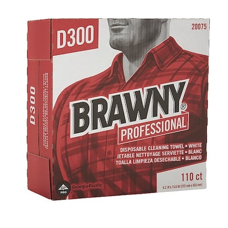 Dry Wipe Dispenser Box, Brawny Pro, Double Recreped DRC, 110 Wipes, 9 1/4 in x 16 in, White, 10 Pk MPN:20075