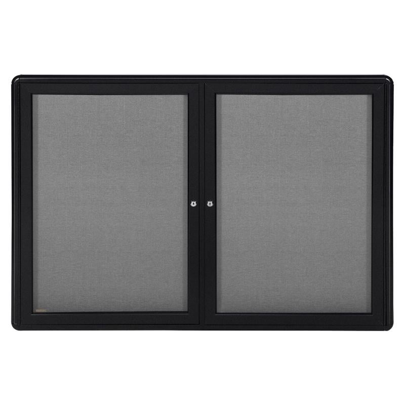 Ghent Ovation 2-Door Enclosed Fabric Tackboard, 34in x 47in, Gray, Black Aluminum Frame MPN:OVK2F91