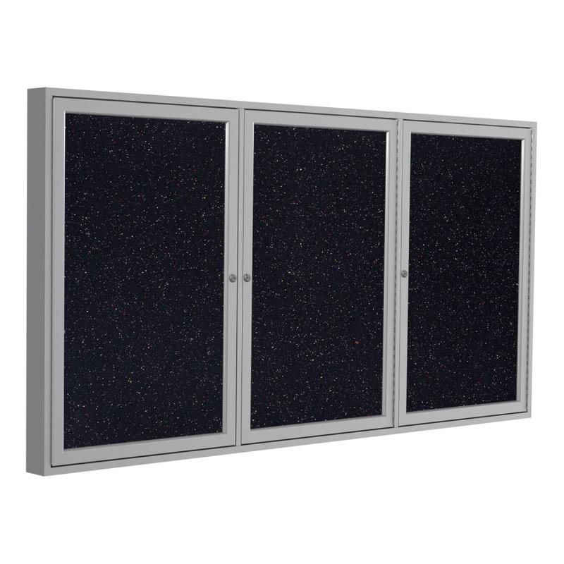Ghent 3 Door Enclosed Recycled Rubber Bulletin Board, Satin Aluminum Frame, 48inH x 72inW, Confetti MPN:PA34872TR-CF