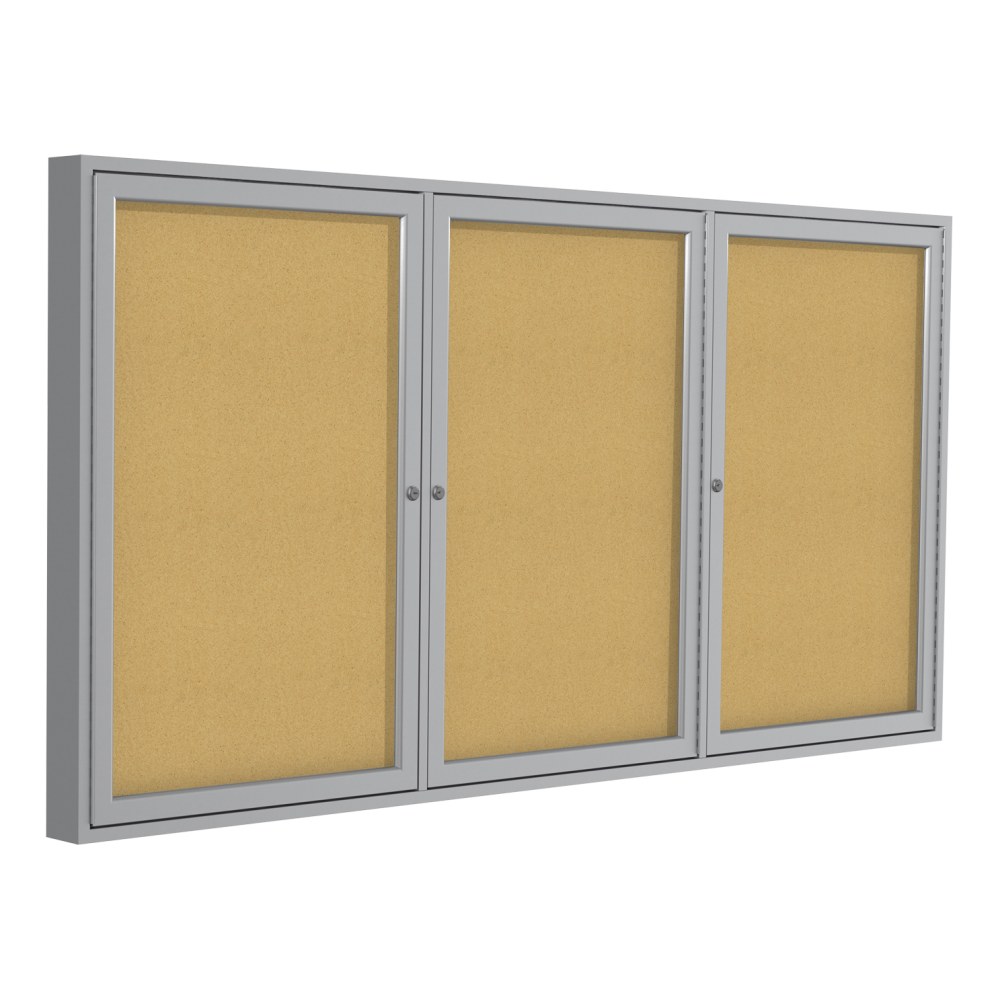 Ghent 3-Door Enclosed Cork Bulletin Board, 48in x 96in, Natural, Satin Aluminum Frame MPN:PA34896K