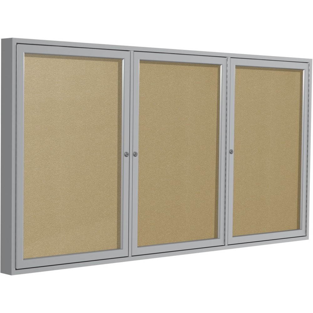Ghent 3 Door Enclosed Vinyl Bulletin Board with Satin Frame - 48in Board x 96in Board- Caramel Vinyl Surface - PA34896VX181 MPN:PA34896VX-181