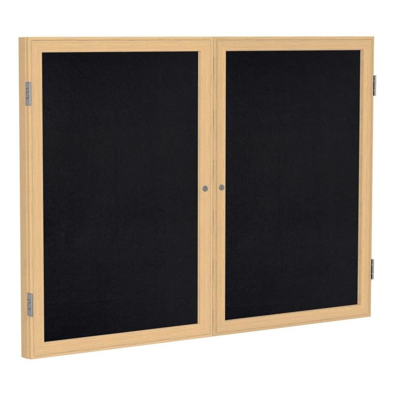 Ghent 2 Door Enclosed Recycled Rubber Bulletin Board, Oak Wood Frame, 48inH x 60inW, Black MPN:PW24860TR-BK
