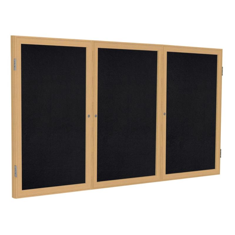 Ghent 3 Door Enclosed Recycled Rubber Bulletin Board, Oak Wood Frame, 48inH x 72inW, Black MPN:PW34872TR-BK