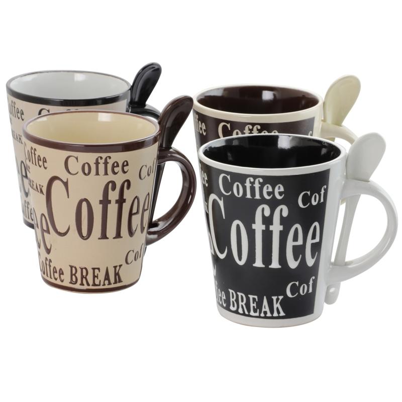 Mr. Coffee Mug And Spoon Set, Bareggio, 12 Oz., Taupe/Black, Set Of 4 Mugs With Matching Spoons MPN:99583965M