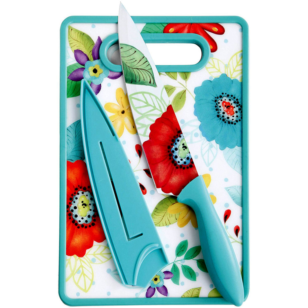 Gibson Studio California Jordana 3-Piece Cutlery Knife And Cutting Board Set, Turquoise Floral Pattern MPN:995100377M