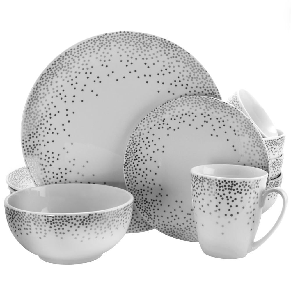 Gibson Platinum Dots 16-Piece Round Ceramic Dinnerware Set, White/Silver MPN:995110864M